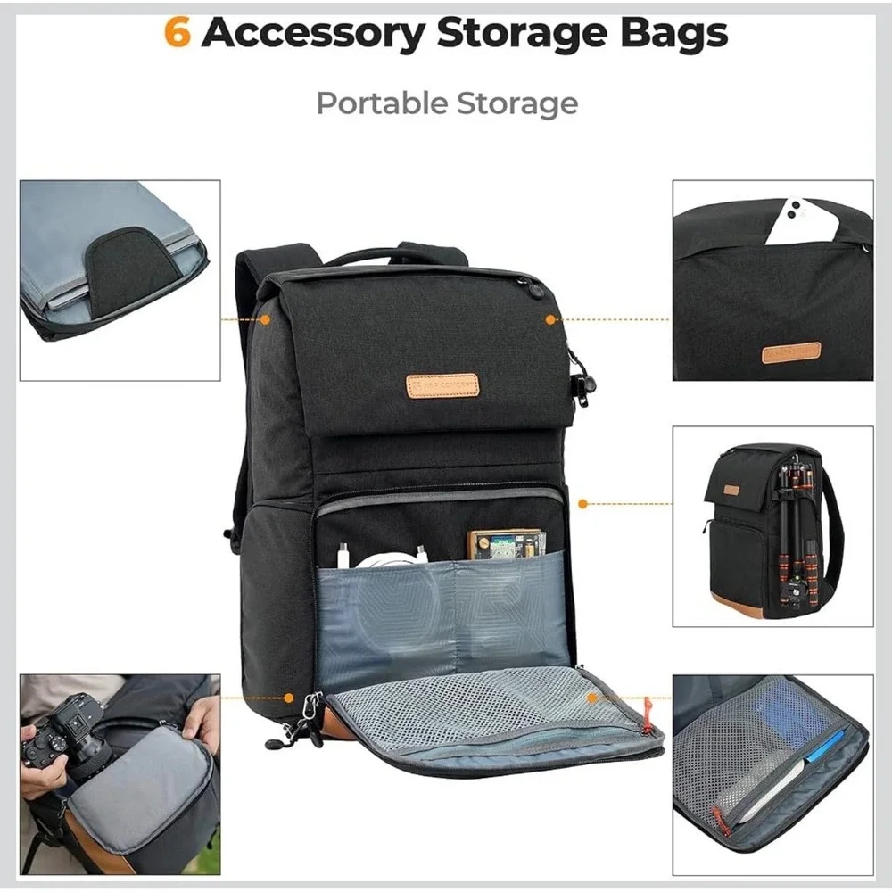K&F Concept Camera Backpack Unisex 22L Black 15.6 Laptop Tripod Holder New